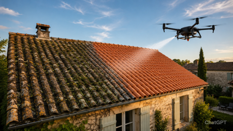 Traitement professionnel anti-dépôts verts d'une toiture en tuiles par drone — résultat avant et après